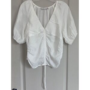 Lush Off White Ruched Front Smocked Back Puff Sleeve Romantic Blouse L